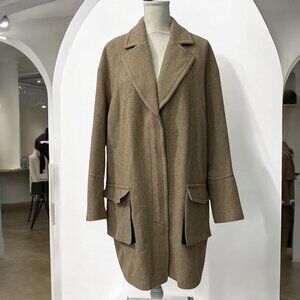 Peruvian Connection Neutral Tan Alpaca Wool Normcore Long Tweed Pocketed Coat XL